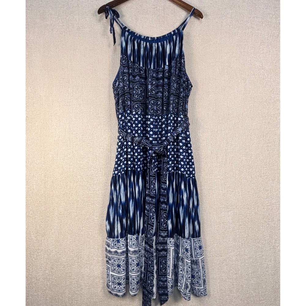 Lane Bryant Blue White Ikat Geometric Tiered Midi Dress Plus Size 26/28